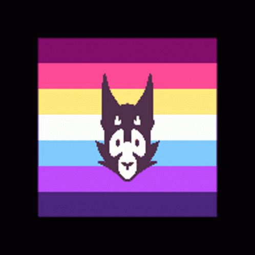 A Pixel Art Drawing Of A Cat 'S Face On A Rainbow Flag GIF