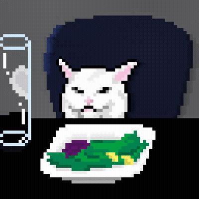 A Pixel Art Drawing Of A Cat Sitting At A Table With A Plate Of Food GIF