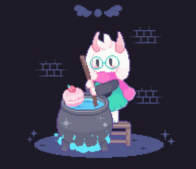 A Pixel Art Drawing Of A Cat Sitting Next To A Cauldron With A Cake In It GIF