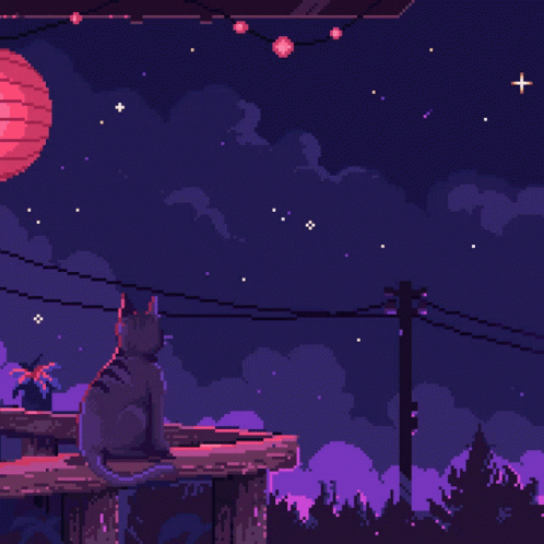 A Pixel Art Drawing Of A Cat Sitting On A Railing At Night GIF