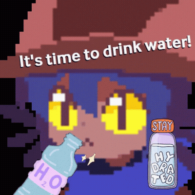 A Pixel Art Drawing Of A Cat With The Words " It 'S Time To Drink Water " Above It GIF