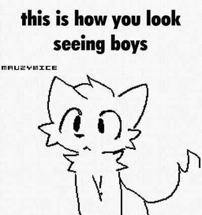 A Pixel Art Drawing Of A Cat With The Words `` This Is How You Look Seeing Boys '' Written On It . GIF