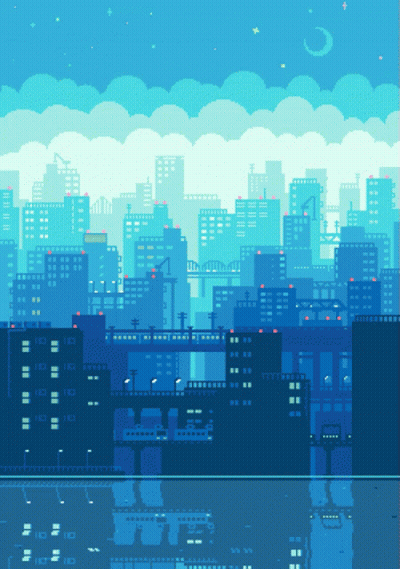 A Pixel Art Drawing Of A City At Night With A Crescent Moon In The Sky GIF