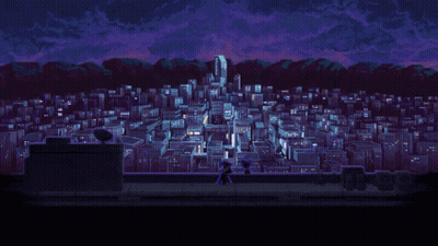 A Pixel Art Drawing Of A City At Night With Mountains In The Background GIF