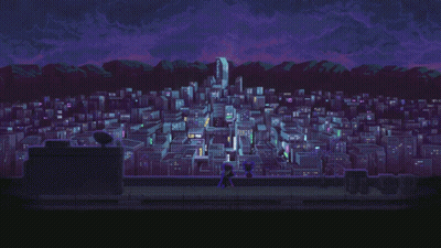 A Pixel Art Drawing Of A City With Mountains In The Background GIF