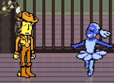 A Pixel Art Drawing Of A Cowboy And A Ballerina Dancing GIF
