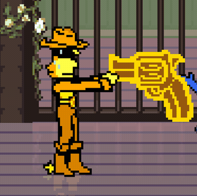 A Pixel Art Drawing Of A Cowboy Holding A Gold Gun GIF