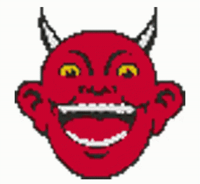 A Pixel Art Drawing Of A Devil 'S Face With Horns And A Big Smile . GIF