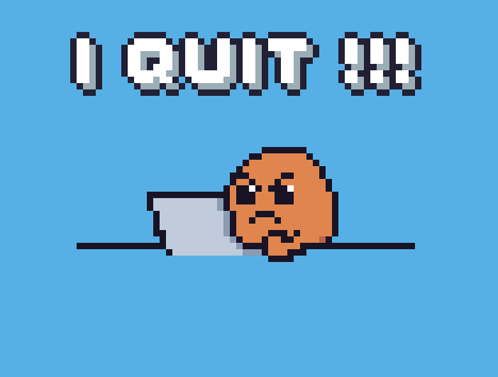 A Pixel Art Drawing Of A Dog With The Words Quit In White Letters On A Blue Background GIF