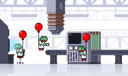 A Pixel Art Drawing Of A Frog Holding A Red Balloon In A Factory GIF