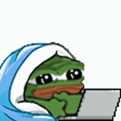 A Pixel Art Drawing Of A Frog Wearing A Blue Blanket And Using A Laptop Computer . GIF