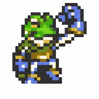 A Pixel Art Drawing Of A Frog Wearing A Green Mask And Holding A Blue Object . GIF