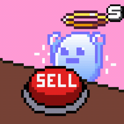 A Pixel Art Drawing Of A Ghost Behind A Red Sell Button GIF