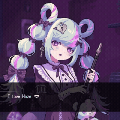 A Pixel Art Drawing Of A Girl Holding A Cane With The Words I Love Haze Below Her GIF