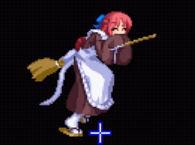 A Pixel Art Drawing Of A Girl Holding A Key And A Broom GIF