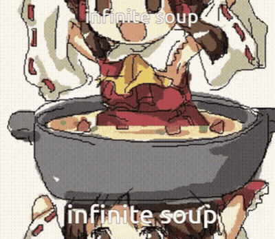 A Pixel Art Drawing Of A Girl In A Pot Of Soup With The Words Infinite Soup Above Her GIF