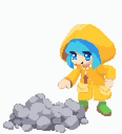 A Pixel Art Drawing Of A Girl In A Yellow Raincoat Standing Next To A Pile Of Rocks GIF