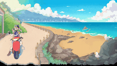A Pixel Art Drawing Of A Girl On A Scooter On A Beach GIF