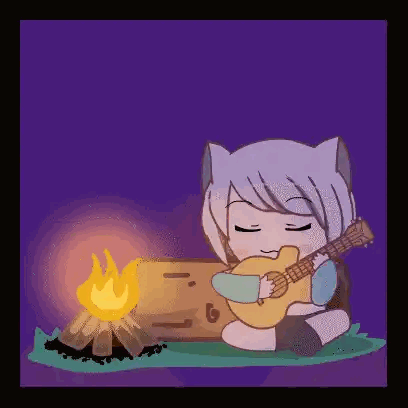 A Pixel Art Drawing Of A Girl Playing A Guitar Near A Campfire Sticker