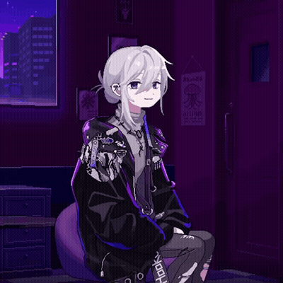 A Pixel Art Drawing Of A Girl Sitting In A Chair With A Purple Background GIF