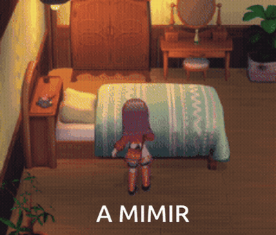 A Pixel Art Drawing Of A Girl Standing In Front Of A Bed With The Words A Mimir Below Her GIF