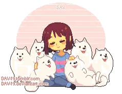 A Pixel Art Drawing Of A Girl Surrounded By White Dogs And The Words Dav On The Bottom Sticker