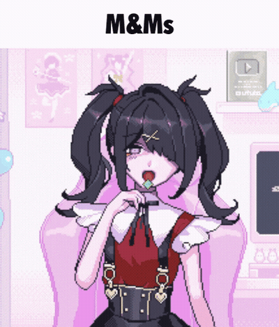 A Pixel Art Drawing Of A Girl With A Lollipop In Her Mouth And The Words M & Ms Above Her GIF