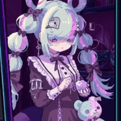 A Pixel Art Drawing Of A Girl With Pigtails And A Teddy Bear GIF