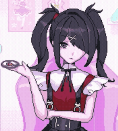 A Pixel Art Drawing Of A Girl With Pigtails Holding A Donut GIF