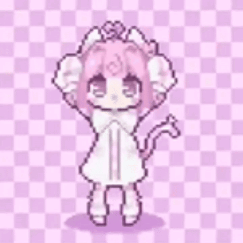A Pixel Art Drawing Of A Girl With Pink Hair And A Cat Costume . GIF