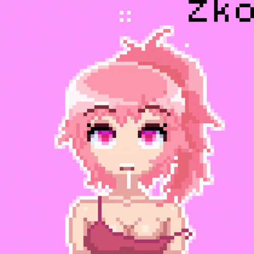 A Pixel Art Drawing Of A Girl With Pink Hair And The Letters Zko GIF