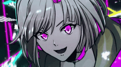 A Pixel Art Drawing Of A Girl With Purple Eyes And Gray Hair . GIF