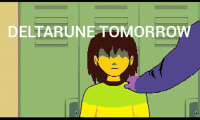 A Pixel Art Drawing Of A Girl With The Words Deltarune Tomorrow Behind Her GIF