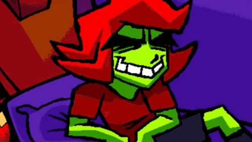 A Pixel Art Drawing Of A Green And Red Character Sitting On A Bed . GIF