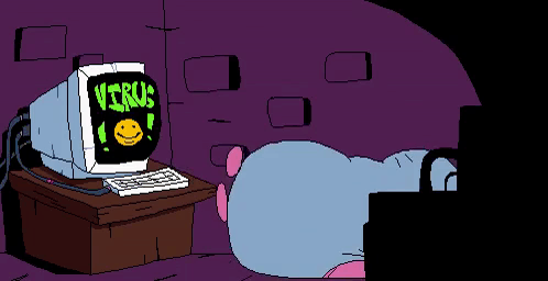 A Pixel Art Drawing Of A Hamster Sitting In Front Of A Computer Monitor That Says Virus GIF