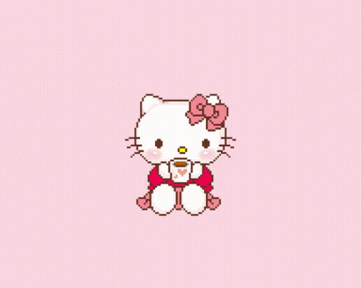A Pixel Art Drawing Of A Hello Kitty Holding A Cup Of Coffee GIF