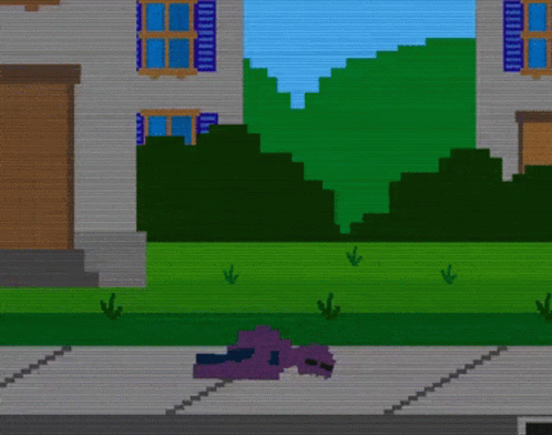 A Pixel Art Drawing Of A House With A Purple Monster Standing In Front Of It GIF