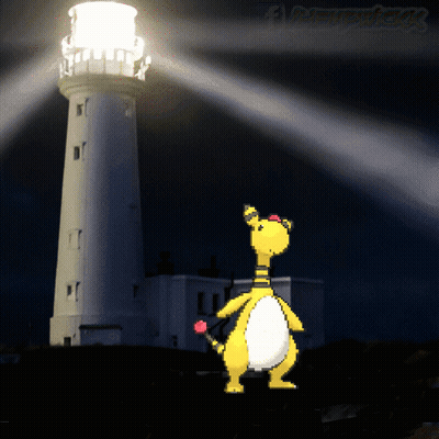 A Pixel Art Drawing Of A Lighthouse And A Cartoon Character GIF