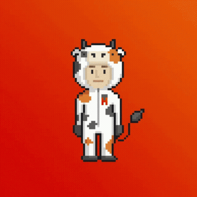 A Pixel Art Drawing Of A Man Dressed As A Cow With The Letter M On His Chest GIF