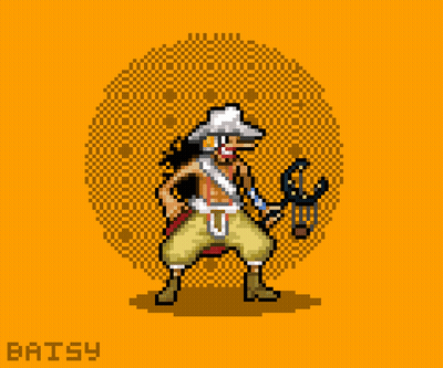 A Pixel Art Drawing Of A Man Holding A Bow And Arrow With The Letters Batsy Below Him GIF
