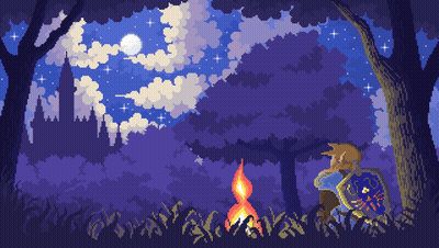 A Pixel Art Drawing Of A Man Holding A Shield In The Woods GIF