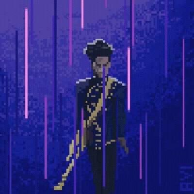 A Pixel Art Drawing Of A Man In A Blue And Gold Outfit GIF