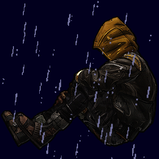 A Pixel Art Drawing Of A Man In A Helmet Sitting In The Rain GIF