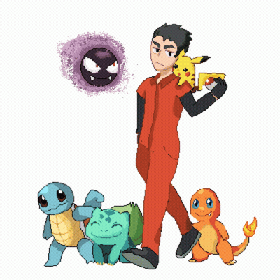 A Pixel Art Drawing Of A Man In A Red Shirt Holding A Pikachu GIF