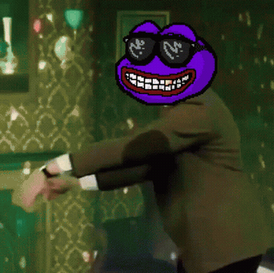 A Pixel Art Drawing Of A Man In A Suit And Tie With A Purple Face On His Head GIF