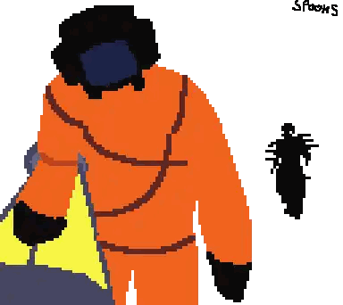 A Pixel Art Drawing Of A Man In An Orange Suit And A Silhouette Of A Person Sticker