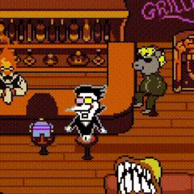 A Pixel Art Drawing Of A Man Standing In A Bar . GIF