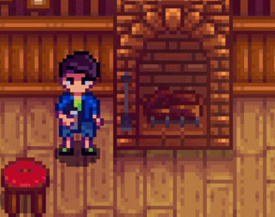 A Pixel Art Drawing Of A Man Standing In Front Of A Fireplace GIF