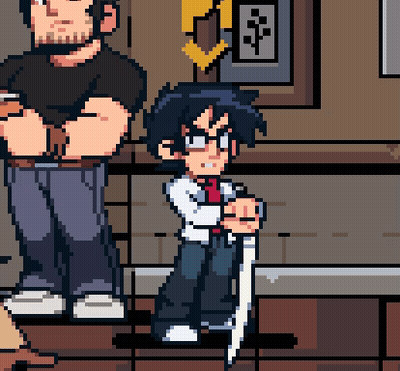 A Pixel Art Drawing Of A Man Standing Next To A Boy GIF