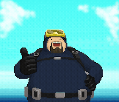 A Pixel Art Drawing Of A Man Wearing A Blue Suit And Goggles Giving A Thumbs Up GIF